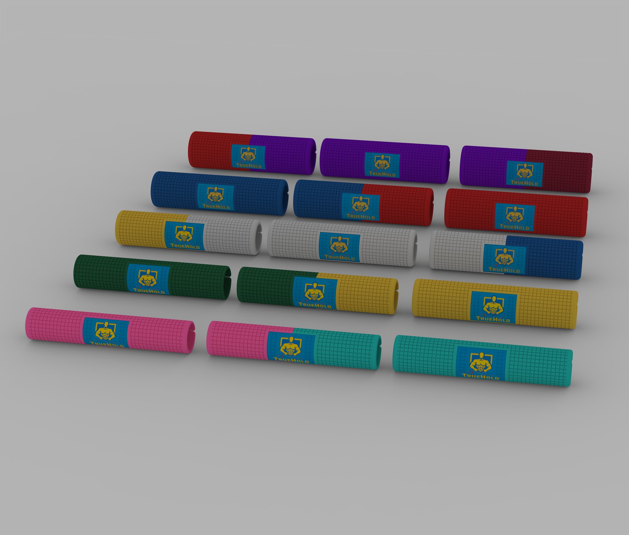 All 15 TrueHold barbell sleeve models together, smallest to largest